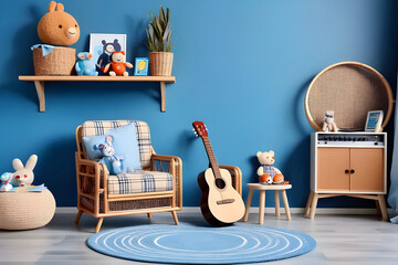 Creative composition of kids room interior with blue wall, rattan sideboard, armchair, pillows, guitar, round shelf, plush toys, plaid, rug books and personal accessories. Home decor. Template.