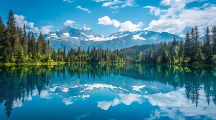 tranquil lake reflecting majestic snowcapped mountains idyllic landscape scenery