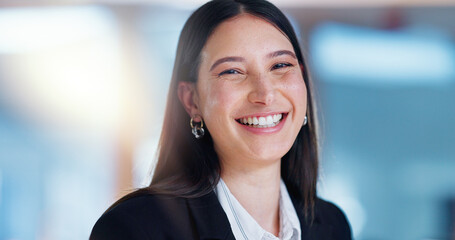 Portrait, smile and confident as businesswoman in office at workplace with happy in corporate or career. Female person, professional and cheerful as human resources, employee or consultant in company