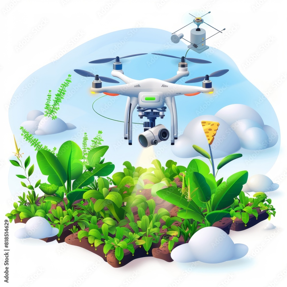 Poster modern farm productivity is through efficient drone operations and smart layouts, utilizing innovati
