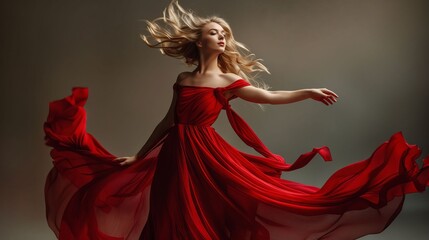 A beautiful woman in a red dress dancing.