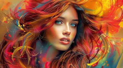 vibrant hair coloring transformation in beauty salon glamorous woman portrait digital painting