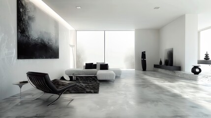  minimalist living room with a large black and white painting, a black leather chair, and a white sofa.