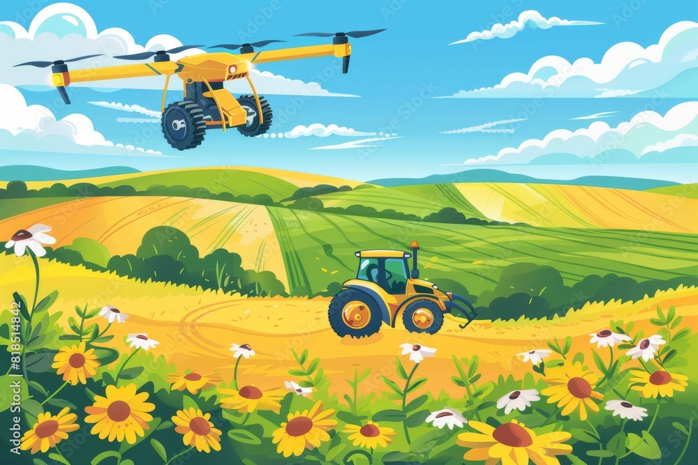 Poster modern agriculture employs efficient drones in farm layouts for productive operations and smart tech