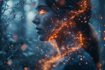 Close-up of the girl's face and the neural network. Women's Mental Health and Meditation - Powered by Adobe