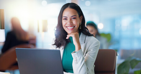 Portrait, business and happy woman with laptop, confidence and consulting office for online...