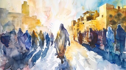 the ministry of jesus christ watercolor painting illustration