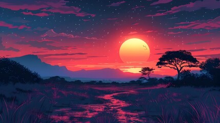 Vibrant Sunset Over Serene African Savanna Landscape