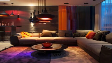 modern living room with a large sectional sofa, coffee table, and several pendant lights
