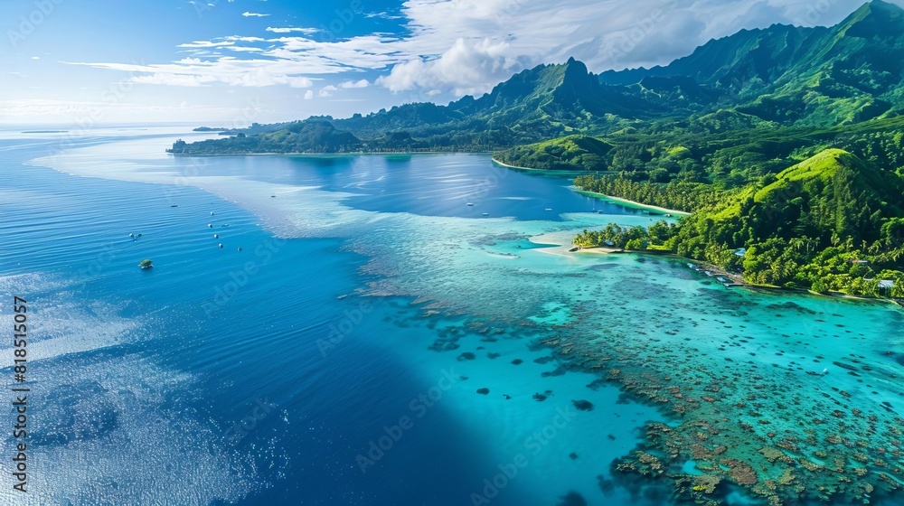 Canvas Prints stunning aerial view of turquoise lagoon and lush island in french polynesia tropical paradise in south pacific high resolution photo