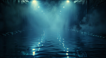 Reflections of rays in water on a dark street with wet asphalt. Smoke and smog on an abstract dark...