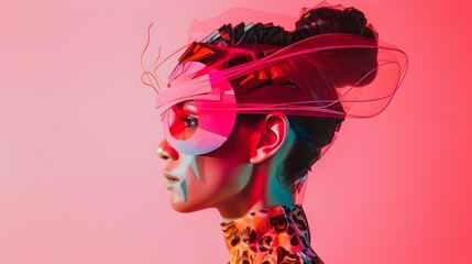 Avant-Garde Fashion Portrait of a Visionary Woman in a Cubist Collage Mask