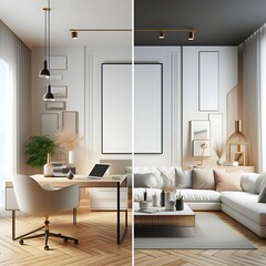 A comparison of a Room with a mockup poster empty white and with a couch and a desk bring spirit lively image.