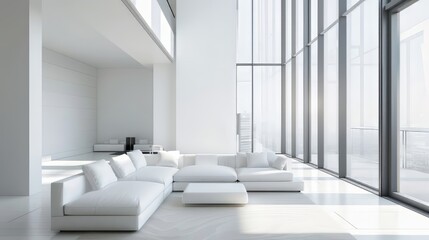 An all-white, modern living room with a large sectional sofa and floor-to-ceiling windows.