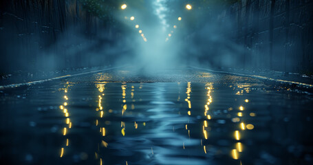 Reflections of rays in water on a dark street with wet asphalt. Smoke and smog on an abstract dark...
