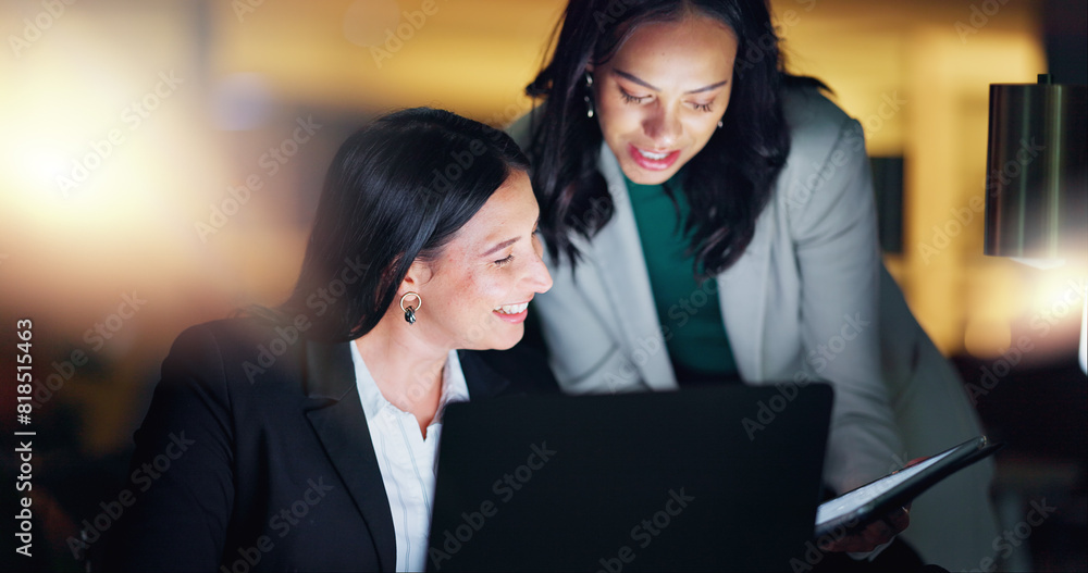 Aufkleber laptop, tablet and collaboration with business people at night in the office together for teamwork. 