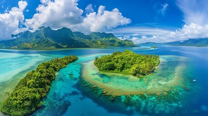 stunning aerial view of turquoise lagoon and lush island in french polynesia tropical paradise in south pacific high resolution photo
