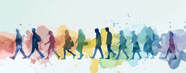 Abstract watercolor splashes create a lively backdrop for silhouettes of people walking to the office. For illustrations, backgrounds, banners.