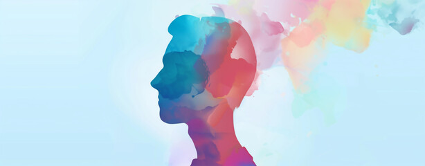 Abstract bright watercolor background with a silhouette of a man's head, combining themes of thinking, intelligence and ideas. For illustrations, backgrounds, posters.