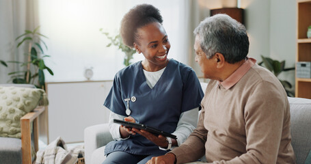 Tablet, healthcare and african nurse in home with senior man, internet and online help on sofa....