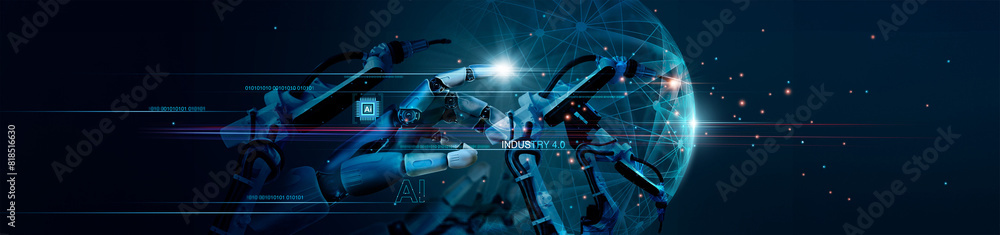 Aufkleber industry 4.0, ai, smart industry of digital factory, industrial revolution, robot hand with robotics