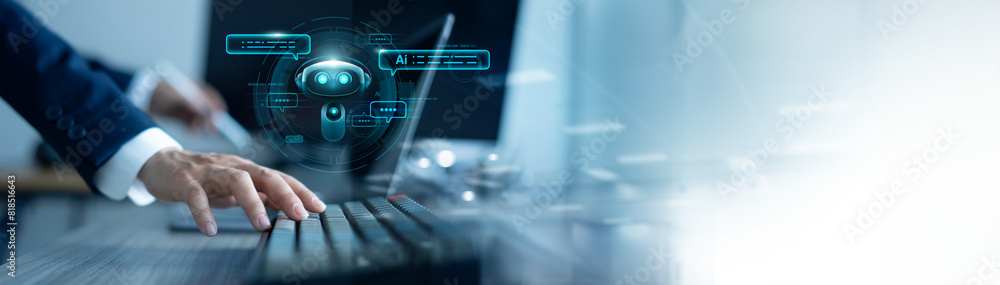 Poster Businessman use digital chatbot for provide access to data in online network, Robot application and global connection, Search, Online customer service. AI technology, Artificial intelligence.