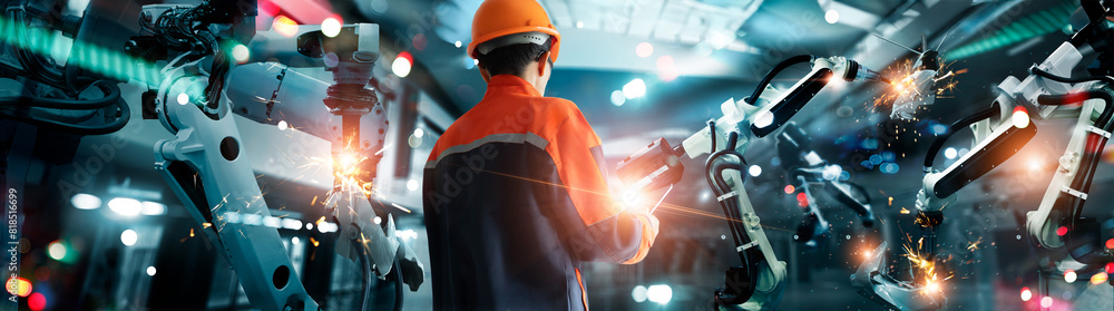 Poster industry 4.0, ai, smart industry of digital factory, industrial revolution, engineer control robotic