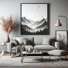 A living Room with a mockup poster empty white and with a couch and a painting on the wall art image harmony card design.