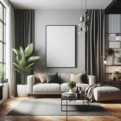 A living Room with a mockup poster empty white and with a couch and a picture frame art image used for printing art.