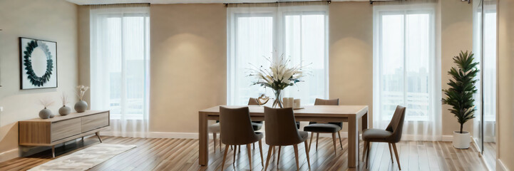 Modern interior design of apartment, dining room with table and chairs, empty living room with beige wall, panorama.