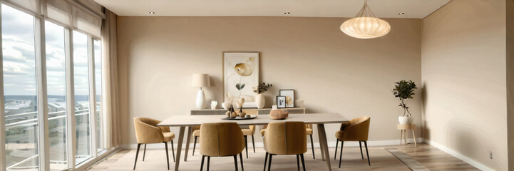 Modern interior design of apartment, dining room with table and chairs, empty living room with beige wall, panorama.