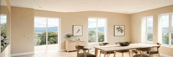 Fototapeta premium Modern interior design of apartment, dining room with table and chairs, empty living room with beige wall, panorama.
