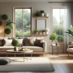 A living Room with a mockup poster empty white and with a couch and chairs art card design image harmony.