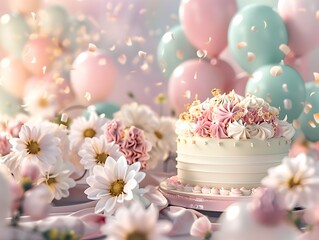 Sumptuous Birthday Cake Adorned with Colorful Balloons Floral Accents and Delicate Pastel Infused Setting