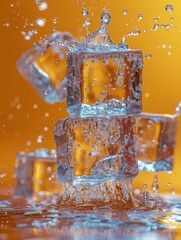 Summer ice cubes explode, shatter and fly, yellow background. Burst part，Explosive, Dynamic Burst of Shattered, Scattered Ice Cubes Across a Vibrant, Icy Blue Summer Background. Chilled, Refreshing 