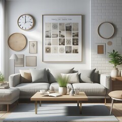 A living Room with a mockup poster empty white and with a couch and coffee table delicate image.