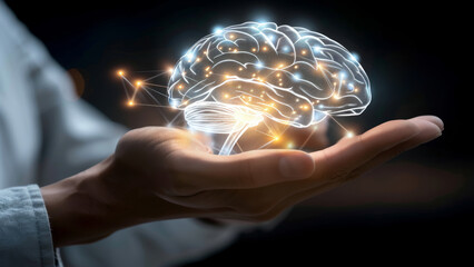 Holographic Brain in Hand Depicting Advanced Neural Network and Cognitive Function Visualization