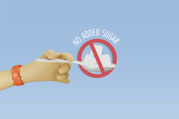 No added sugar, eat less sugar concept. Hand holding sugar cubes with stop sign. Eat less sweet, sugar free for health. 3D cute cartoon character.	