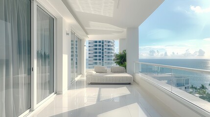 Open balcony, white flooring, white furniture. Generative AI.