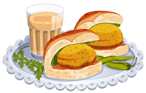 Delicious Vada Pav and Chai Illustration - Authentic Indian Street Food Art