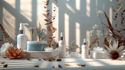 A skincare products with decorative elements for a catalog. Generative AI.