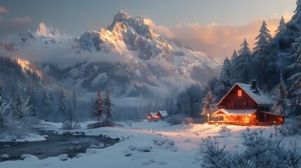 Fototapeta premium Enchanting Mountainous Landscape with Cozy Cottages in Serene Winter Wonderland