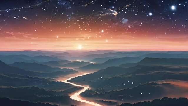 male figure standing atop a cliff overlooking a vast, starlit landscape, their silhouette