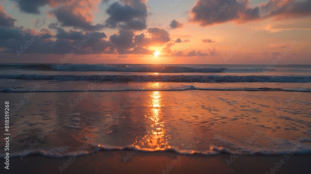 Wall mural a sunset over the ocean with waves