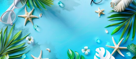 A painting of seashells, stars, sunglasses, straw hats and green pine branches on a blue background with copy space for advertising. Vacation, summer travel concept, copy space

