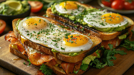 Delicious breakfast with fried eggs and avocado toast sandwich