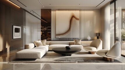 Modern living room interior with marble floor, large artwork, and curved sofa