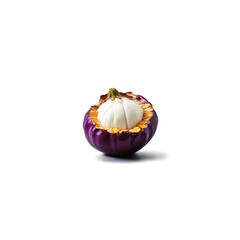 Mangosteen with purple shell and white segmented flesh exposed Food and culinary concept