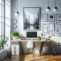 A Room with a mockup poster empty white and with a computer and plants art used for printing realistic harmony attractive.