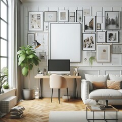 A Room with a mockup poster empty white and with a computer desk in office and a couch art used for printing harmony image meaning.